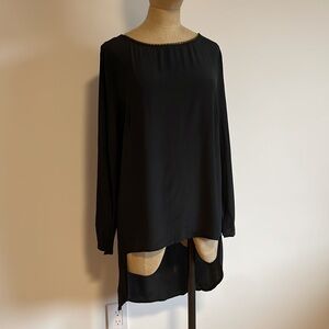 Patrizia Pepe Tunic High Low Blouse Black Gold 44 LG Long Sleeve Semi Sheer